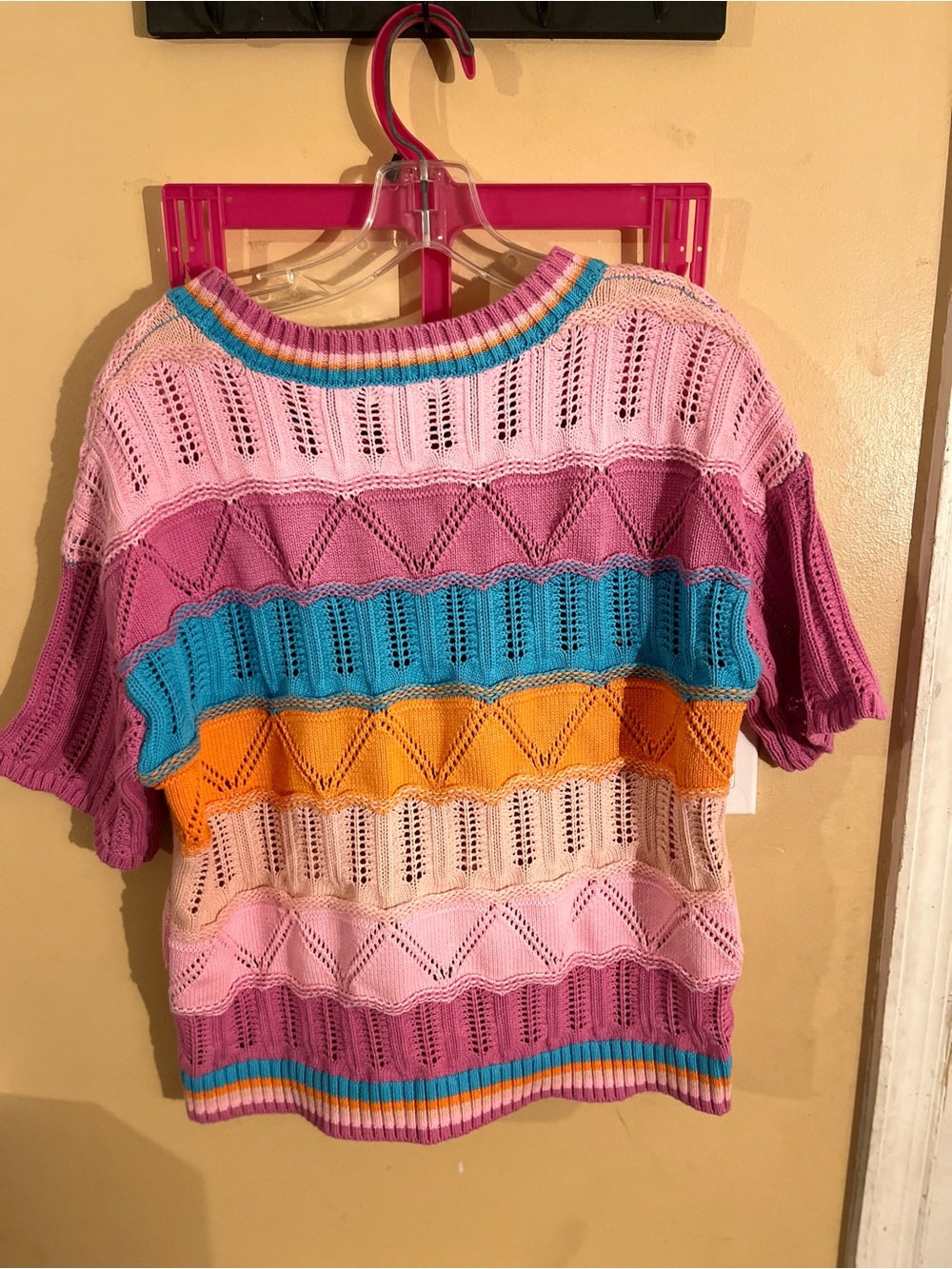 Versona Pink & Purple Knit Colorblock Top with Teal and Yellow Accents